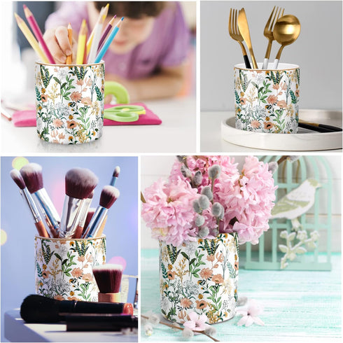 WAVEYU Large Capacity White Flower Ceramic Pen Holder for Desk, Makeup Brush, Marker, and Pencil Storage Organizer
