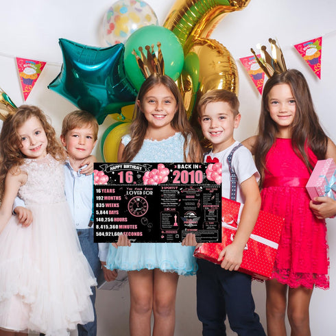 FOBELEC 16th 16 2010 Jumbo Birthday Card with Envelope, Black Pink Retro Birthday Decorations for Girls and Boys, Year