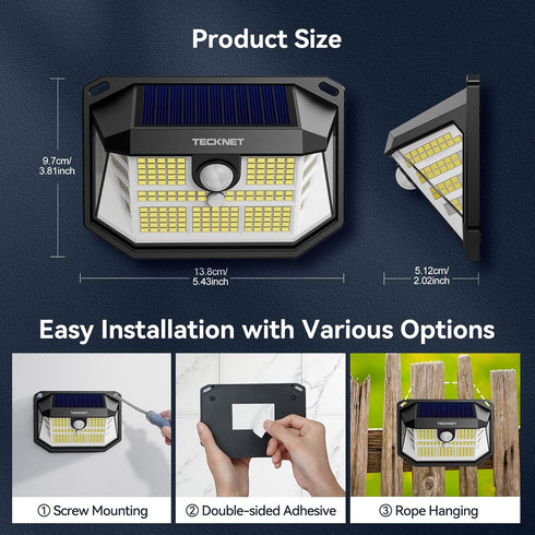 231 300 3 IP65 Garage(4 Pack) TECKNET LED Solar Motion Lights Outdoor, Angle & Lighting Modes, PIR Motion Sensor