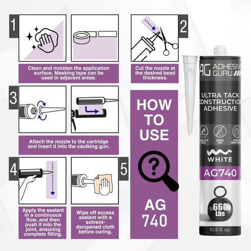 Adhesive Guru AG740 Ultra Tack Hybrid Construction Adhesive 10.5 fl oz, Heavy Duty Indoor Outdoor Caulk Sealant, White - 1 Pack