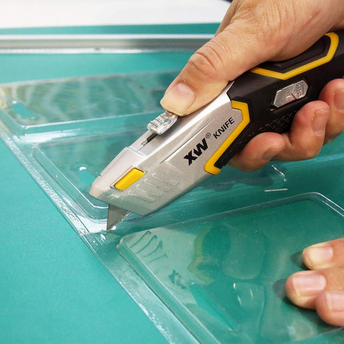 XW Auto Loading Utility Knife with 3-Position Retractable Box Cutter and 5 Pre-loaded Blades, Bonus 10 Blades