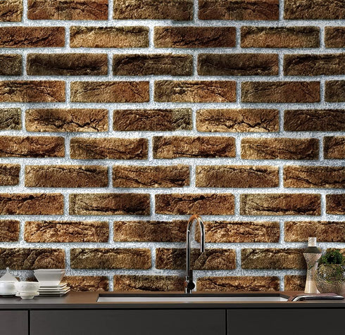 Y633 Rustic Brick Wallpaper, Peel and Stick, 17.7" x 9.8ft, Brown Self-Adhesive Contact Paper for Home Decor