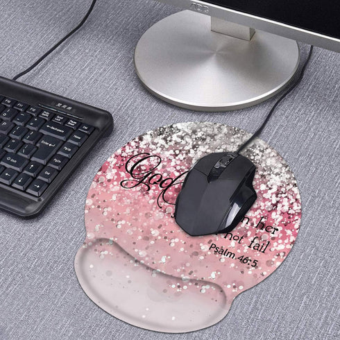 Ergonomic Mouse Pad with Wrist Support and Coasters Set, Cute Non-Slip PU Base, Pink Glitter Quote Bible Verse