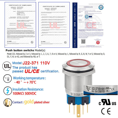 Push Button Switch 22mm Latching 110V/120V 1NO 1NC SPDT Waterproof Industrial Switches with Wire (Blue)