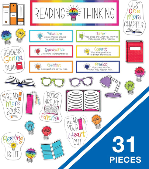 Schoolgirl Style Light Bulb Mini Bulletin Board Set, Reading Strategies, Book Decor for Classroom Decorations (31 pc)