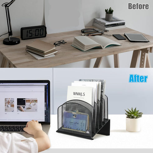 Inclined Desk File Organizer, 5-Section Vertical File Folder Holder Stand, Metal Rack for Office Desktop Organization
