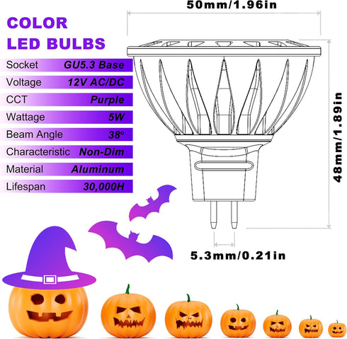 ALIDE 6 Pack Purple MR16 GU5.3 LED Bulbs, 5W, 20W 35W 50W Halogen Equivalent, 12V Low Voltage for Halloween