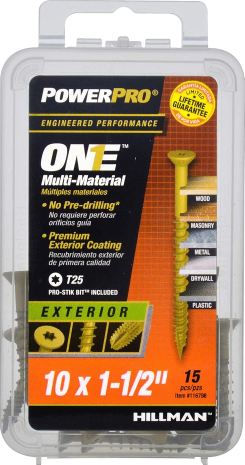 Power Pro Premium One Multi-Material Flat Head Screws, Epoxy Coated Steel, Bronze, #10 x 1-½ inches, Box of 15 Screws