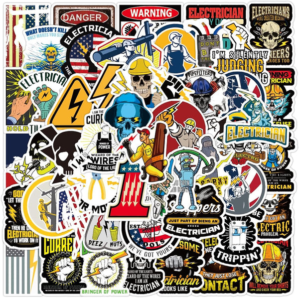 Electrician Stickers for Hard Hats, 50pcs Funny Waterproof Vinyl Decals for Toolbox, Helmet, Bumper