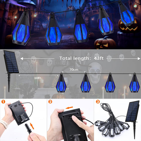 33Ft 15 Bulbs, Solar String Lights for Outside, Solar Patio Lights with Flickering Flame Light Waterproof Blue Solar