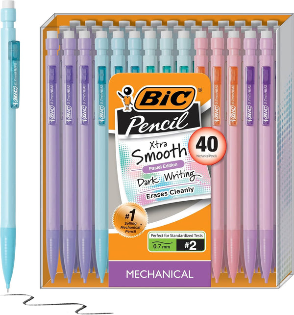 BIC Xtra-Smooth Mechanical Pencils, 40-Count Pack, Medium Point (0.7mm), Pastel Erasers, Bulk School or Office Supplies