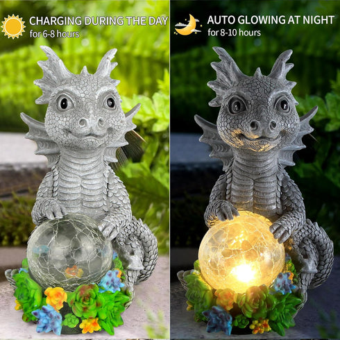 Solar Garden Outdoor Statues Dragon Holding Magic Orb with Solar LED Lights - Lawn Decor Outdoor Statue for Patio