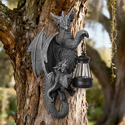 Solar Dragon Decor Tree Hugger Statue | Outdoor Garden Statue with LED Light for Yard, Patio, Balcony | Fantasy Dragon