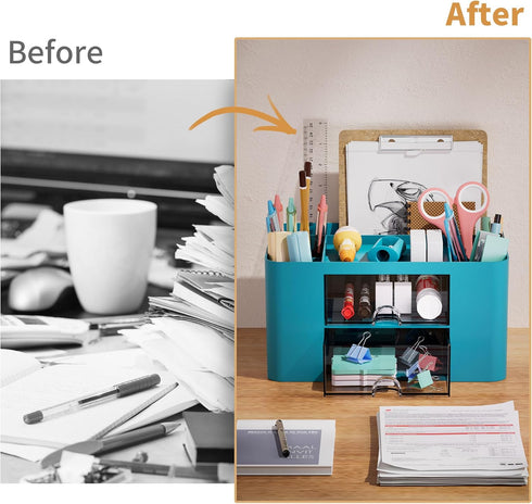 Marbrasse Pen Organizer with 2 Drawers, Multi-Functional Pencil Holder for Desk, 5 Compartments + Drawer for Art