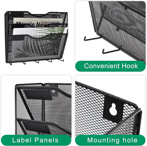 EASEPRES 3 Pocket Mesh Hanging File Organizer with Key Holder Hooks, Wall Mounted Mail Document Storage for Office