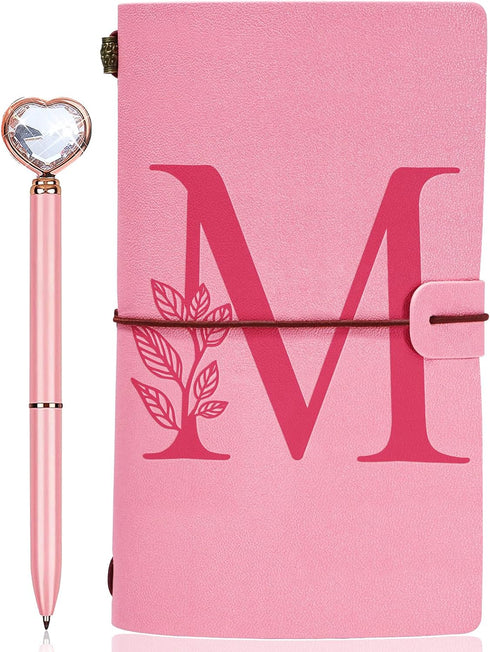 Personalized Journal Gift, Pink Initial Leather Journal + Heart Diamond Pen Set, Travel Notebook Diary Gifts