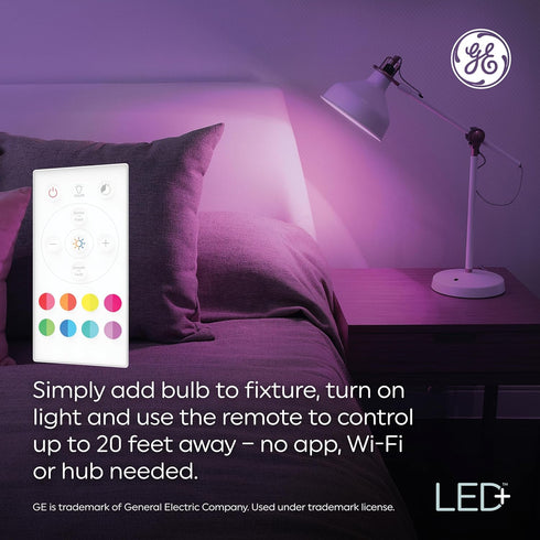 Bulbs A19 Bulbs (2 Pack) GE LED+ Color Changing LED Light with Remote, No App or Wi-Fi Required, Standard