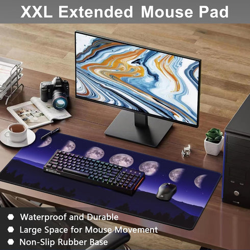 NIYLYNSYN 31.5"x15.7" Mouse Pad, Large Moon Phases and Mountain Forest Desk Mat, Extended Non-Slip Gaming Keyboard