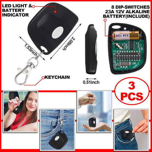Kingdder 3 Pieces Garage Door Remote Compatible with Multicode 300mhz, Keychain Gate Opener Remote (Black, White)