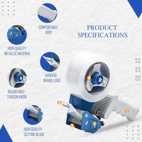 Handheld Heavy Duty Packing Tape Dispenser Gun, Wide Packing Tape Seal Gun, 3" White & Blue