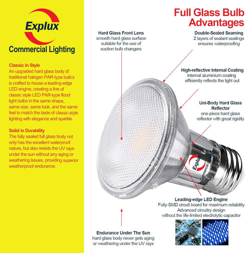 Explux Commercial-grade LED PAR20 Flood Light Bulbs, 60W Equivalent, 600 Lumens, 6-Pack.