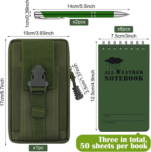 Eaasty 11 Pcs Waterproof Notebook Tactical 3 x 5 Inch Pocket Notebook with Metal Weatherproof Pen and Fabric Cover for Outdoor Activities Recording (Army Green) by Eaasty