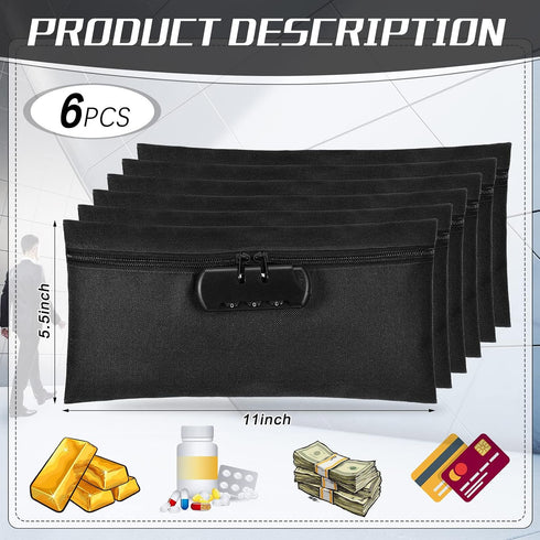 6 11 5.5 Inches LEIFIDE Pcs Money Bag with Lock and Zipper x Lockable Storage Bag Cash Accessories Pouch for Storing
