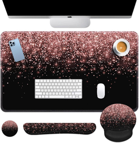 Britimes Rose Gold Pink Keyboard Mouse Pad Set Black Golden 4in1 Large Mousepad+Keyboard