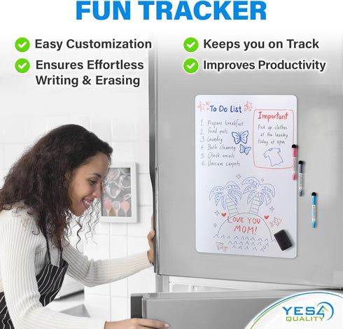 Extra Large Magnetic Dry Erase White Board Sheet for Fridge 25x16 in, with Stain Resistant Technology, includes 3 Markers and Big Eraser with Magnets, Refrigerator Whiteboard Planner by YES4QUALITY