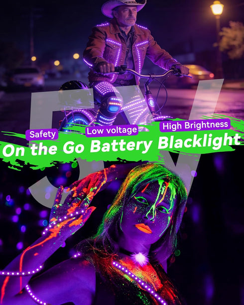 16.4FT 300LEDs Black Light Strip with USB Plug + Battery Box, Adhesive Blacklight Fixture, Battery & USB Operated