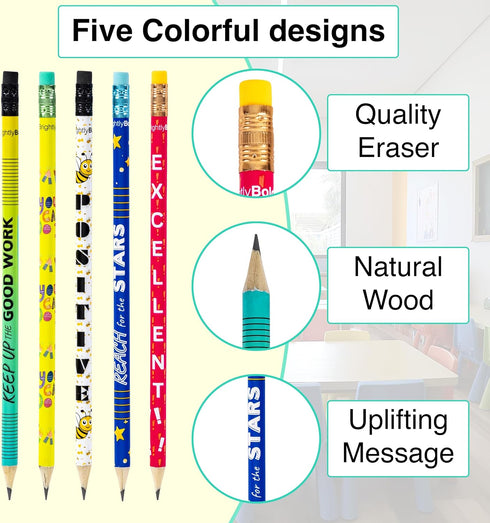 Motivational Fun Pencils for Kids Bulk Pack - 50 Colorful Assorted Pre Sharpened Pencils with Pencil Top Erasers - Cute Pencils for Classroom, Rewards, Party Favors - School Pencils for Children by BrightlyBold