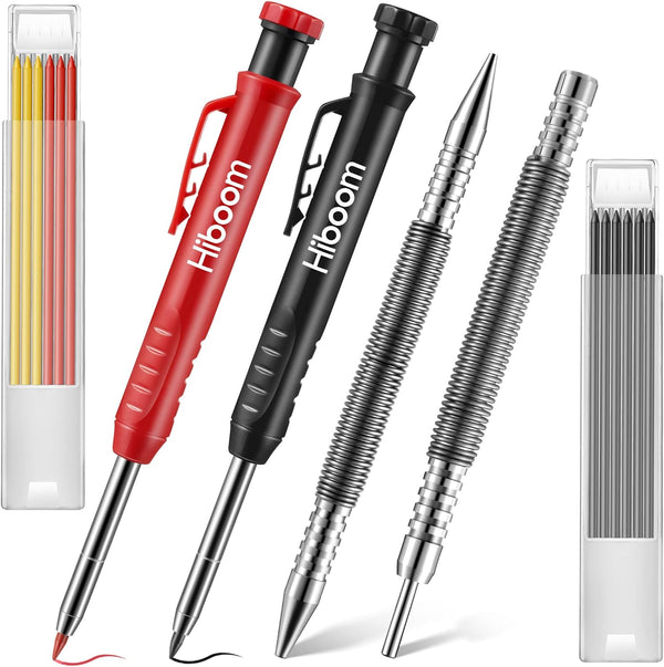Hiboom Carpenters Pencil with 12 Refills and Spring Loaded Nail Set Tool for Heavy Duty Woodworking