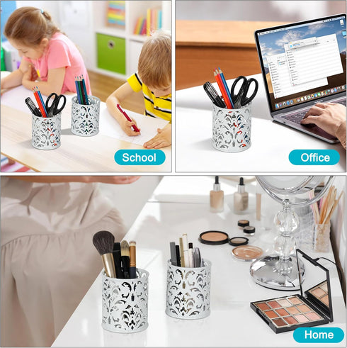 EasyPAG Metal Round Pencil Holder 2 Pack - White Pen Cup Organizers for Desk