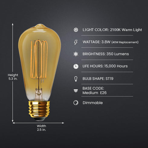 Feit Electric ST19 Vintage Edison LED Light Bulb, 40W Equivalent, Dimmable, 2100 Warm Light, E26 Base, Amber Glass Thin Filament Lighting Bulbs, 15,000-Hour Lifetime, ST1940/VG/TFIL/2, 2 Pack