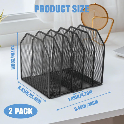 RETON 2 Pack 5-Section Mesh File Sorter Organizer for Desktop, Black Metal Vertical Desk File Organizer, Adjustable