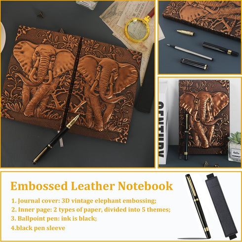 Vintage Elephant Embossed Leather Notebook with Ballpoint Pen, A5 Hardcover Notebook for Business Notepad, Red Copper