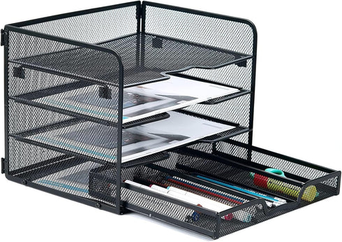 SETTFRFE 4-Tier Mesh Paper Letter Tray, Desk Organizer with Sliding Drawer, Black Office Supplies for Home Office