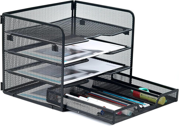SETTFRFE 4-Tier Mesh Paper Letter Tray, Desk Organizer with Sliding Drawer, Black Office Supplies for Home Office