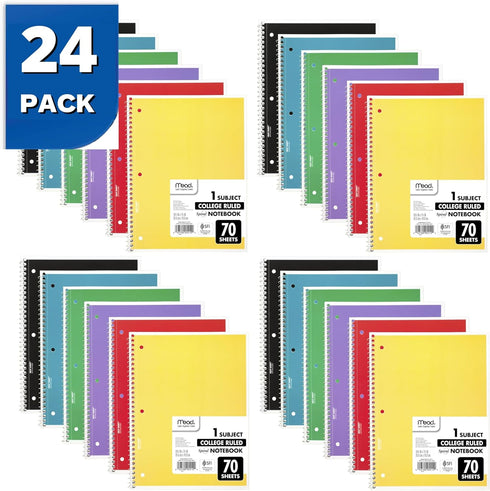 Mead Spiral Notebooks - 24 Pack, 1 Subject, College Ruled Paper, 7-1/2" x 10-1/2", 70 Sheets, Color Will Vary