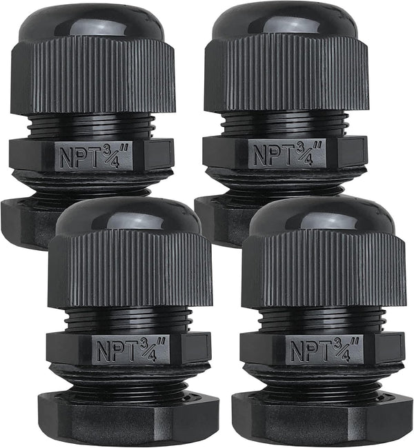 MGI SpeedWare 3/4" NPT Strain Relief Nylon Cord Grip Cable Glands, Black Plastic Grommet 4-Pack