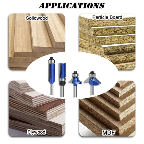 BENESOON 4PCS Set 1/4 Inch ,45 Router Bit Shank, Tungsten Carbide Tip Includes Top Bearing Flush Trim, Pattern Template