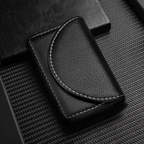 Leather Business Card Holder Wallet for Men or Women, Pocket Name Card Case with Magnetic Shut, Holds 25 Cards (Black)
