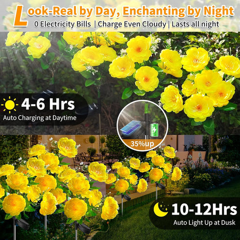 4PK 7-Stem 2 Neporal Solar Flowers Outdoor Waterproof, Yellow Camellia with Lighting Modes & Romantic Warm Light, Solar
