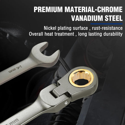 WORKPRO 14 mm Flex-Head Ratcheting Combination Wrench, 72-Teeth, Cr-V Constructed with Nickel Plating