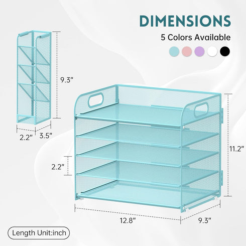SUPEASY 5 Tier Desk Organizer with Handle & Removable Pen Holders, Blue Mesh Paper/File Organizer for Desk