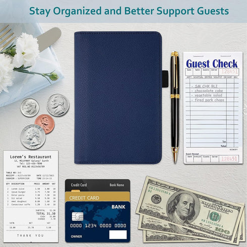 RSAquar Server Book Organizer with Zipper Pocket, PU Leather Restaurant Guest Check Presenters Card Holder