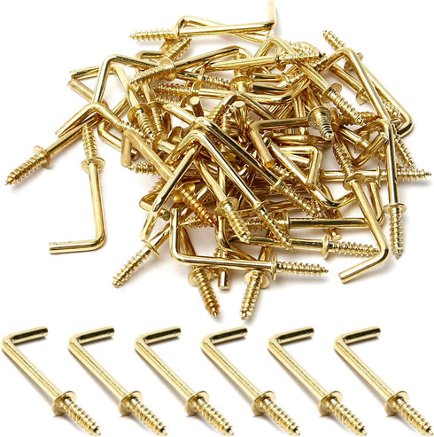 MroMax 1" 50Pcs Gold Screw in Hooks, L Shape Carbon Steel Right Angle Hooks