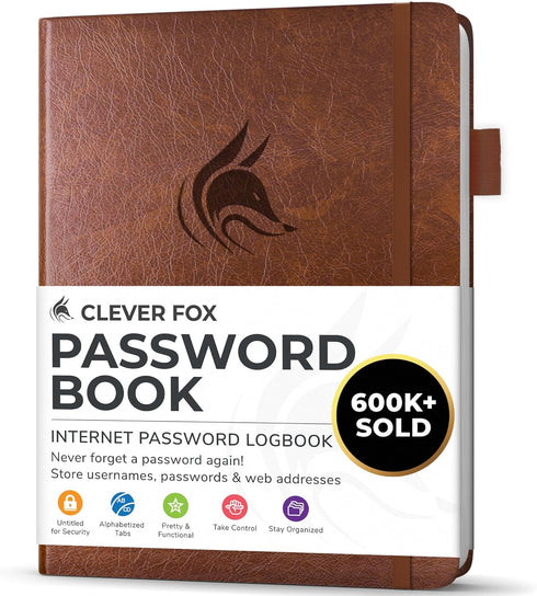 Clever Fox Password Book with Alphabetical Tabs, Internet Address Organizer Logbook, Small Pocket Keeper