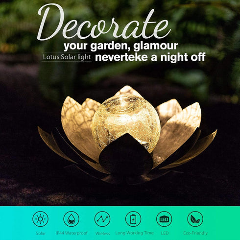 Huaxu Solar Lights Outdoor Garden, Crackle Globe Glass Lotus Decor, Waterproof LED Metal Flower Decorations