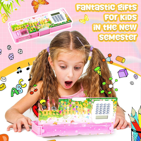 Henoyso Pencil Box with Calculator and Pencil Sharpener, Multifunction Cool School Supplies for Kids, Teens (Flower)
